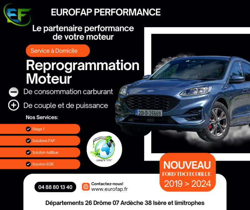 Reprogrammation moteur FORD KUGA à domicile 26, 07, 38 + Lyon 69 et Saint-Etienne 42. Stage 1 FAP AdBlue EGR sur moteurs 1.5 et 2.0 ecoblue au meilleur prix.