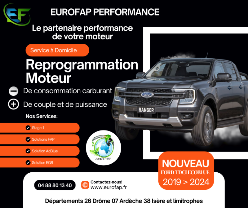 Reprogrammation moteur FORD Ranger à domicile 26, 07, 38 + Lyon 69 et Saint-Etienne 42. Stage 1 FAP AdBlue EGR sur moteurs 1.5 et 2.0 ecoblue au meilleur prix.