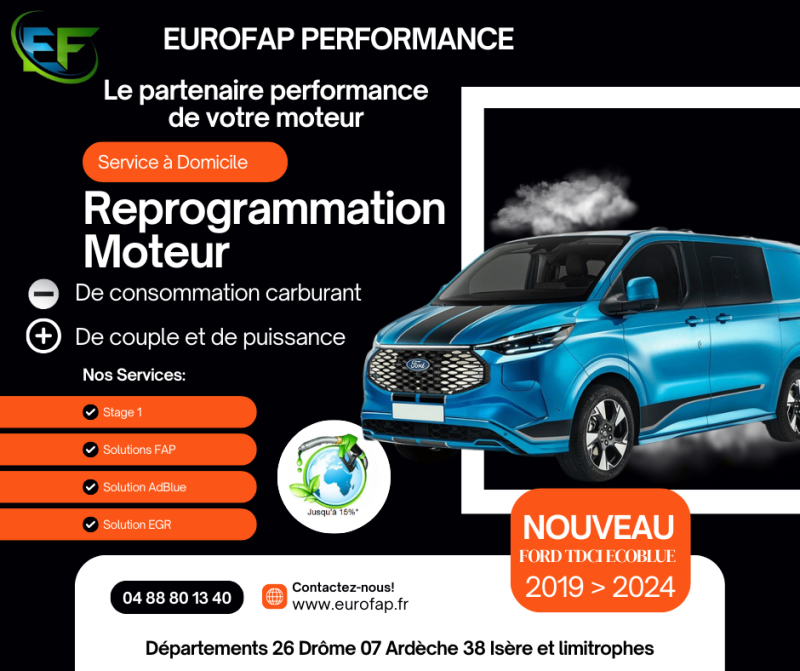 Reprogrammation moteur FORD TRANSIT et  TRANSIT CUSTOM à domicile 26, 07, 38 + Lyon 69 et Saint-Etienne 42. Stage 1 FAP AdBlue EGR sur moteurs 1.5 et 2.0 ecoblue au meilleur prix.