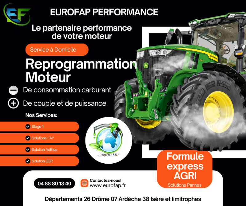 Stop aux pannes AdBlue, EGR ou FAP sur vos tracteurs. Diagnostic, solutions et suppression des problèmes avec EUROFAP, expert agri TP dans le 26 84 07 38 69 42