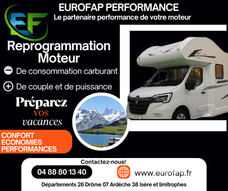 Reprogrammation moteur camping-car à Vienne Stage 1 puissance couple confort conduite à domicile 26 07 38 69 EUROFAP
