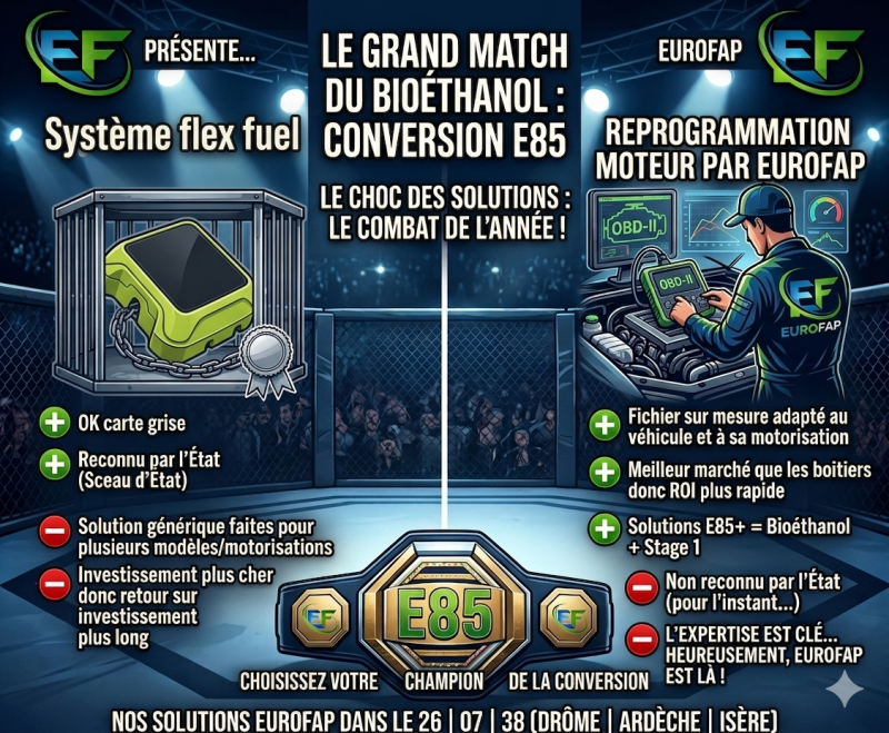 Le grand match Boitier Homologué Vs Reprogrammation moteur Bioéthanol E85 en Isère 38 Ardèche 07 et Drôme 26