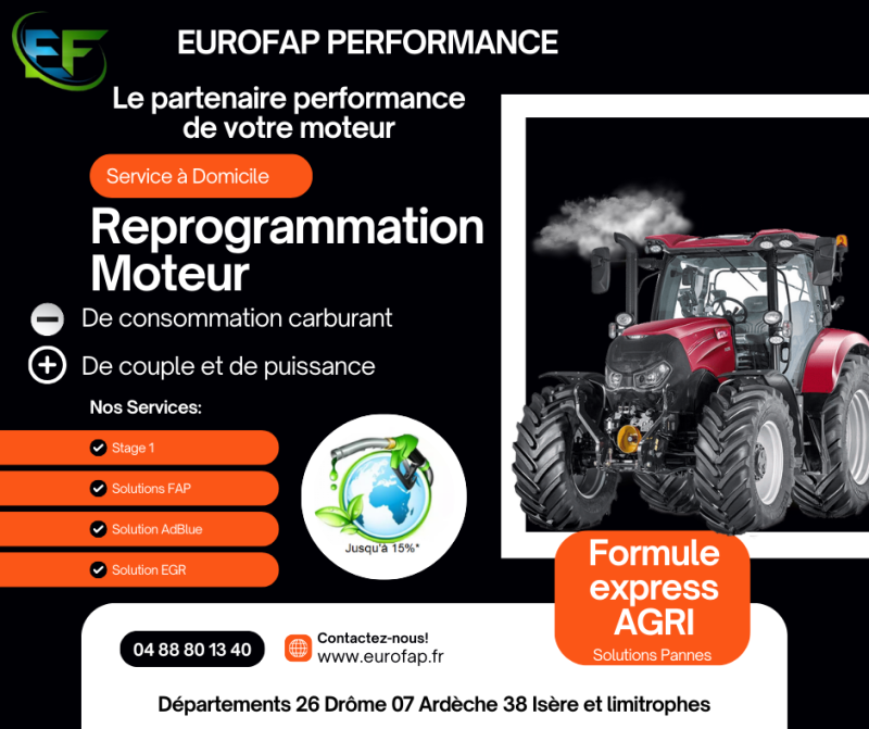Reprogrammation moteur tracteurs agricoles secteur Montélimar (Sud Drôme 26 et Nord Vaucluse 84) : solutions FAP, AdBlue, EGR et Stage 1
